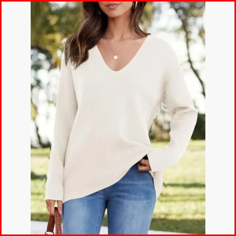 Oversized Deep V-Neck Pullover Sweater, Long Sleeve Waffle Knit Tunic - Picture 4 of 7